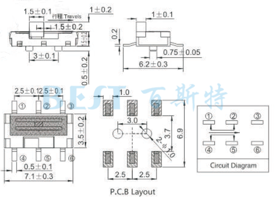微型撥動開關MSS-22C01參考圖紙 微型撥動開關MSS-22C01參考圖紙